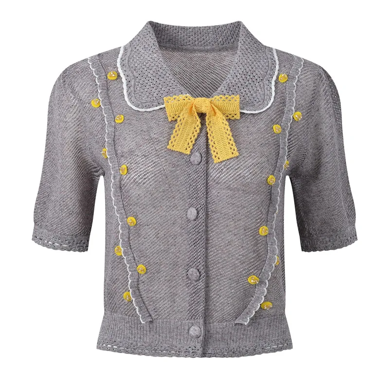 Women Knitted Cotton Tops Short Sleeve Turn-Down Collar Bow Tops