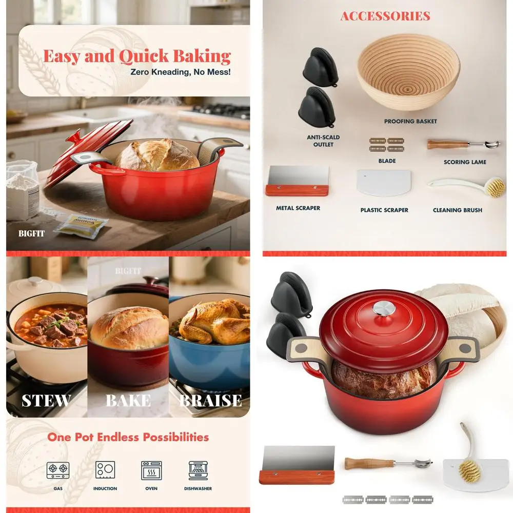 

Эмалированная чугунная голландская духовка для выпечки хлеба на закваске, 5-литровая многофункциональная кастрюля с крышкой, корзина для расстойки хлеба в комплекте
