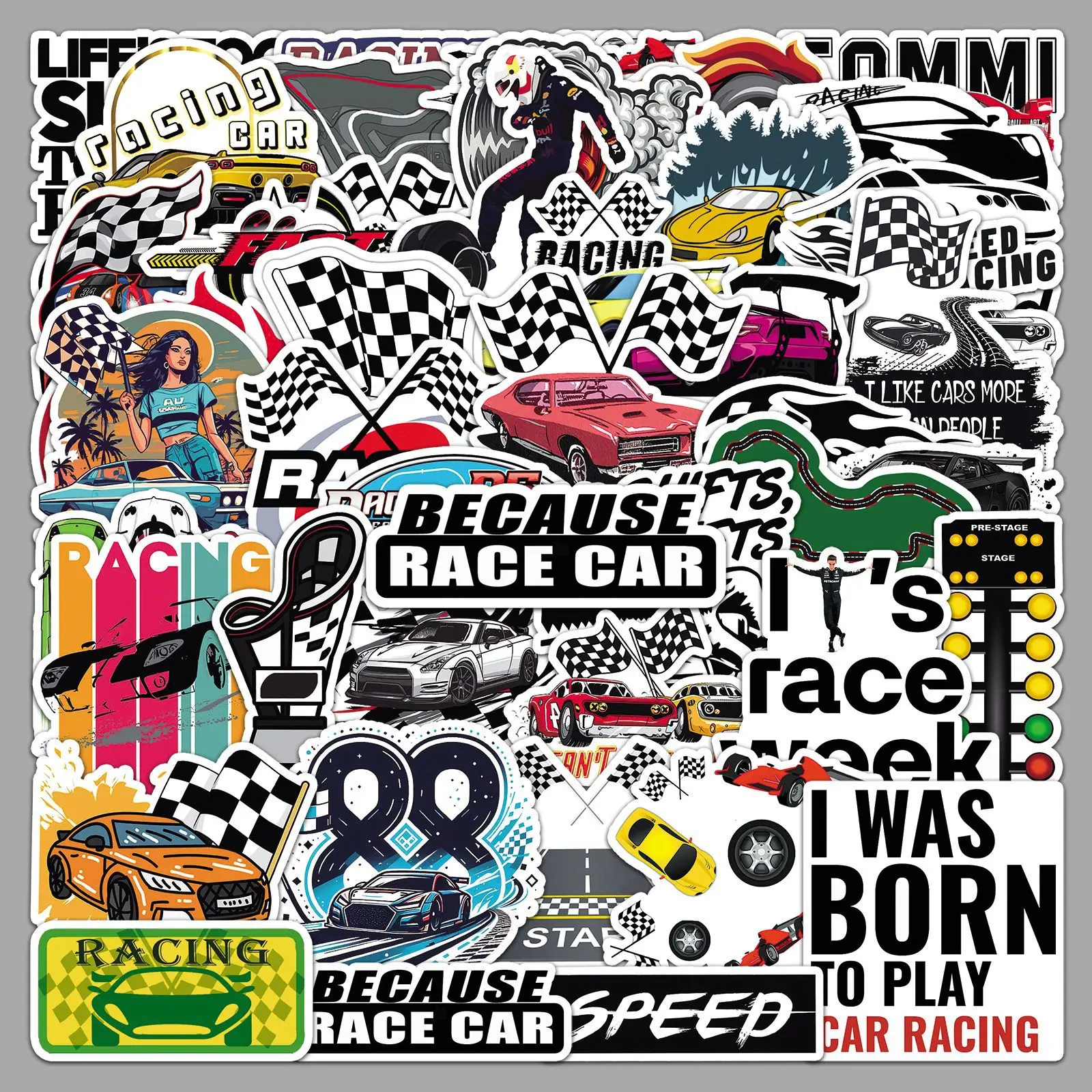 

50 шт. наклеек с гоночными автомобилями, водонепроницаемые виниловые стикеры для шлема, ноутбука, багажа, скейтборда, велосипеда, мотоцикла, крутой декор, подарок на фестиваль