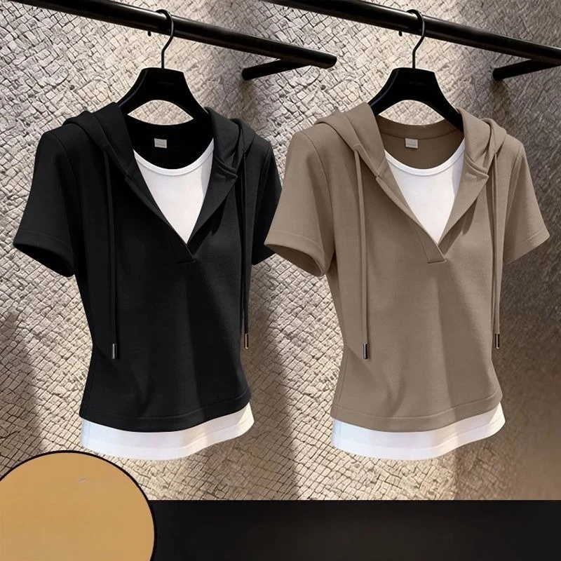 New Summer V-neck Short Sleeved Top Trendy Western Style Ventilate Slimming Base T-shirt Fake Two-piece Women's Clothing Hoodie