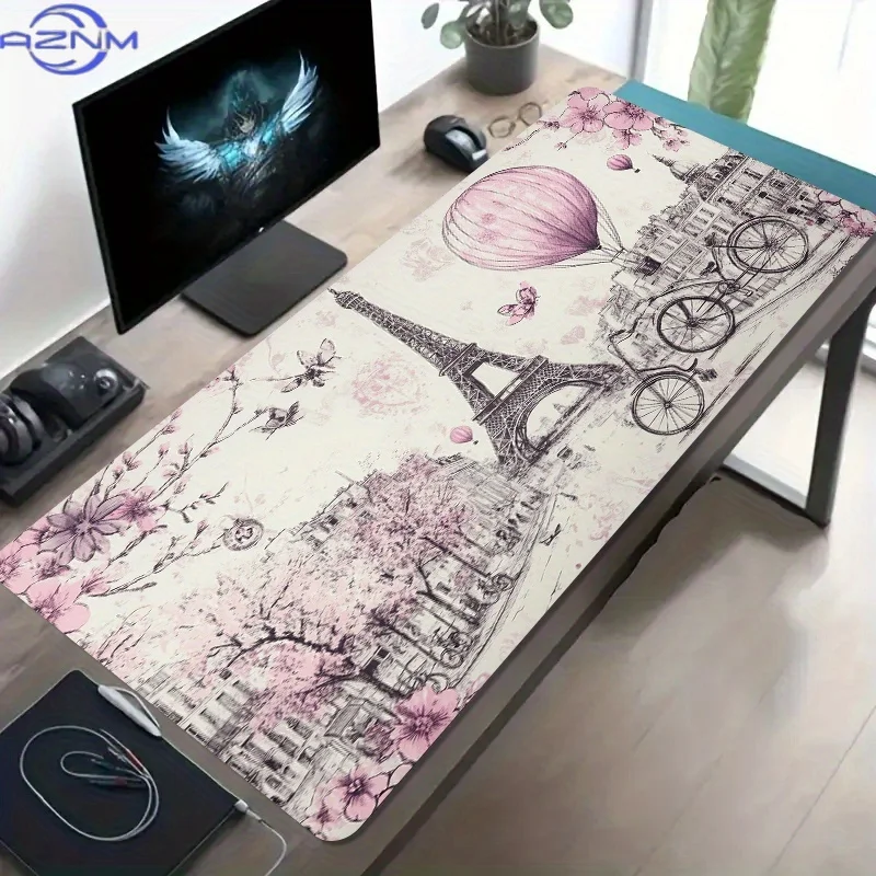 1 Large E-Sports Gaming Mouse Pad with Romantic  Flower Tower Street Scene Design, Non-Slip Washable Rubber Base, Oversized Desk