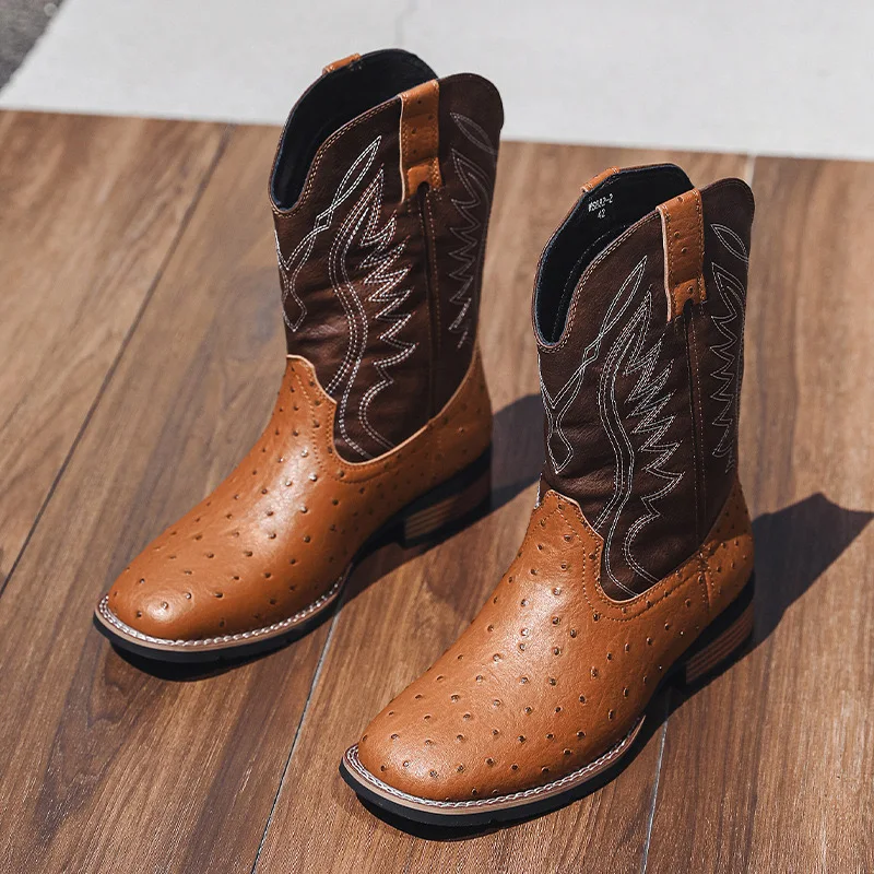 

New Boots for Men Classic Embroidery Mid-Calf Leather Boots Retro Western Cowboy Boot Casual High Top Boots Men's Knight Booties