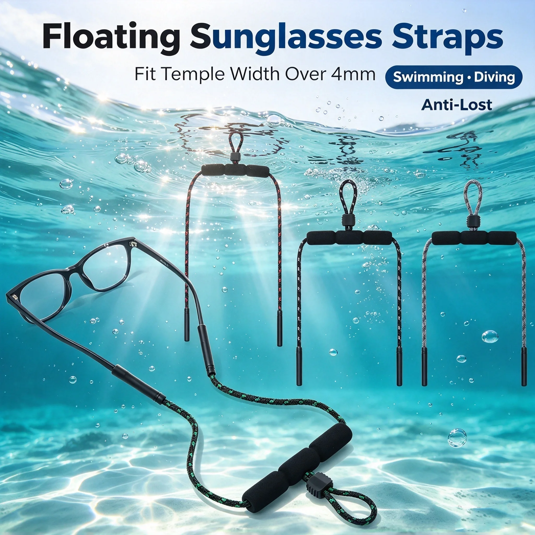 Black Eyeglasses Floating Strap Adjustable Eyewear Retainer Foam Sunglasses Strap for Water Sports Diving Swimming