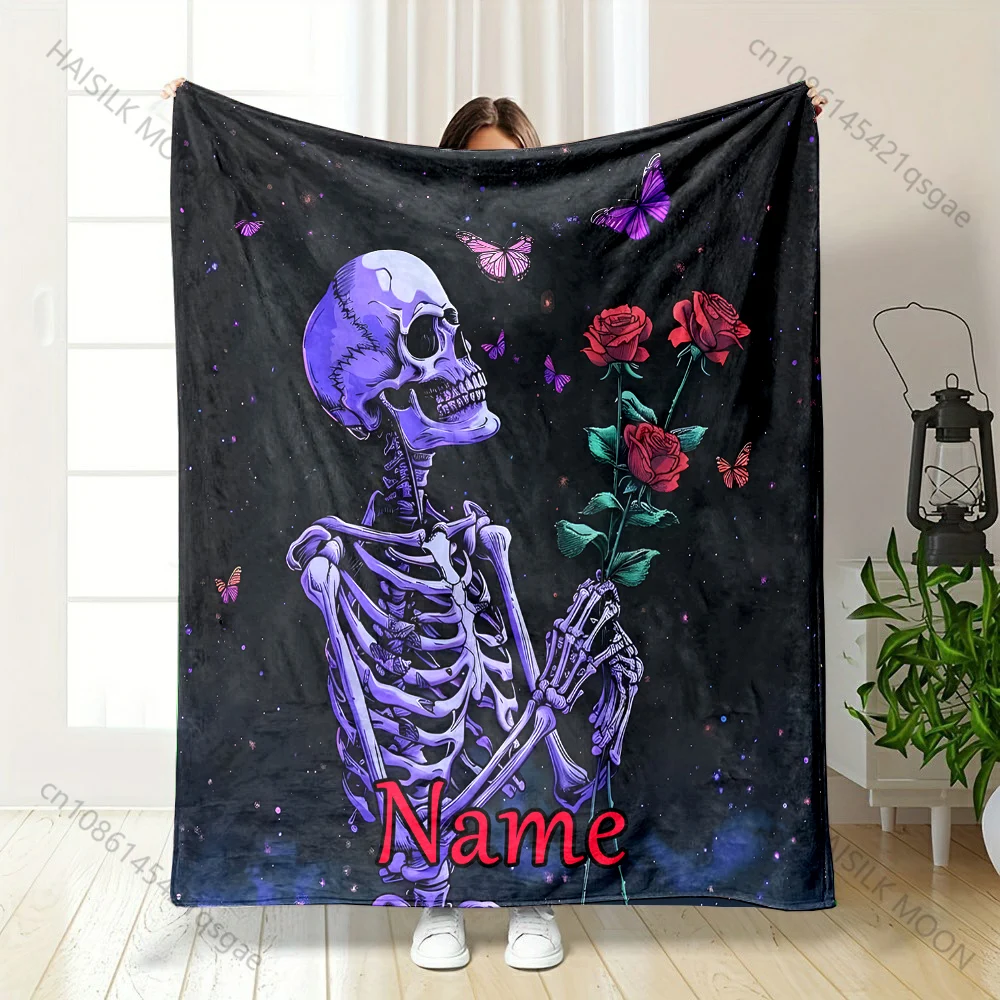 

Персонализированное индивидуальное имя, креативный цветочный скелет, художественный принт, теплое удобное одеяло для взрослых и детей, подарок на Хэллоуин