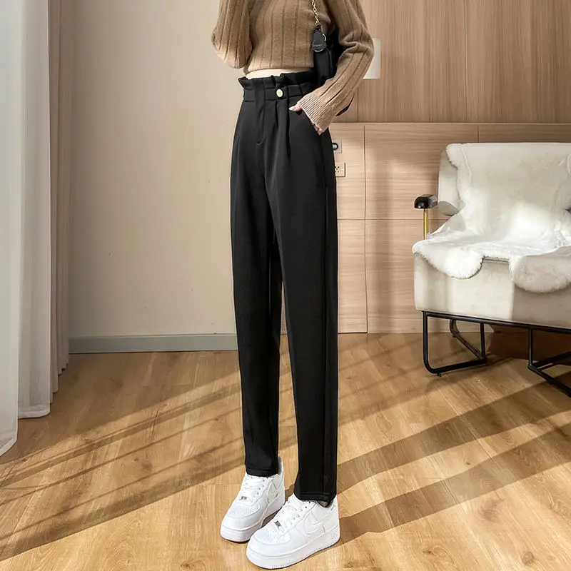 Spring and Autumn Women's Solid Color Elastic Slim Plus Size Halun Pants High Waist Pockets Button Fashion Casual Trousers