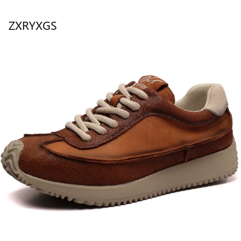 

ZXRYXGS 2026 New Lace-up Top Layer Cowhide Handmade Retro Sneaker Women's Trendy Shoes Flat Thick Sole Versatile Casual Sneaker