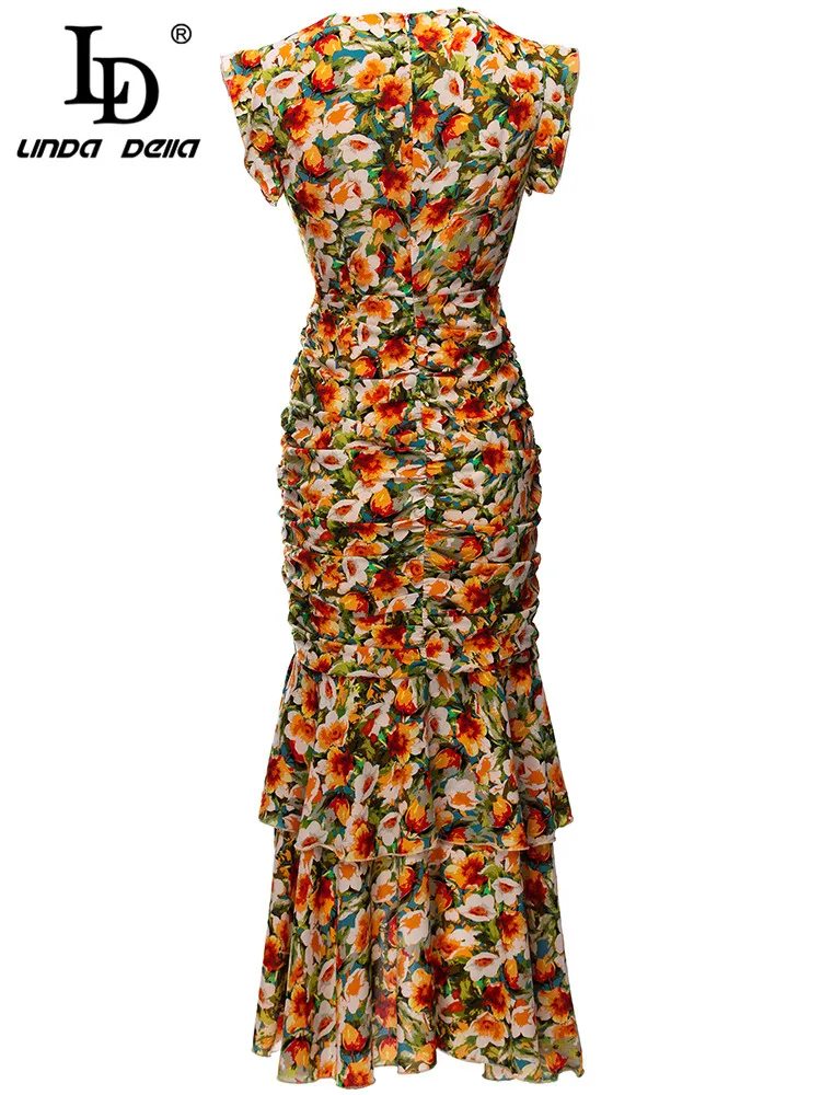 LD LINDA DELLA 2023 New Summer Runway Fashion Midi Dress Women V-neck Draped Flower Print Vintage Vacation Mermaid Dress