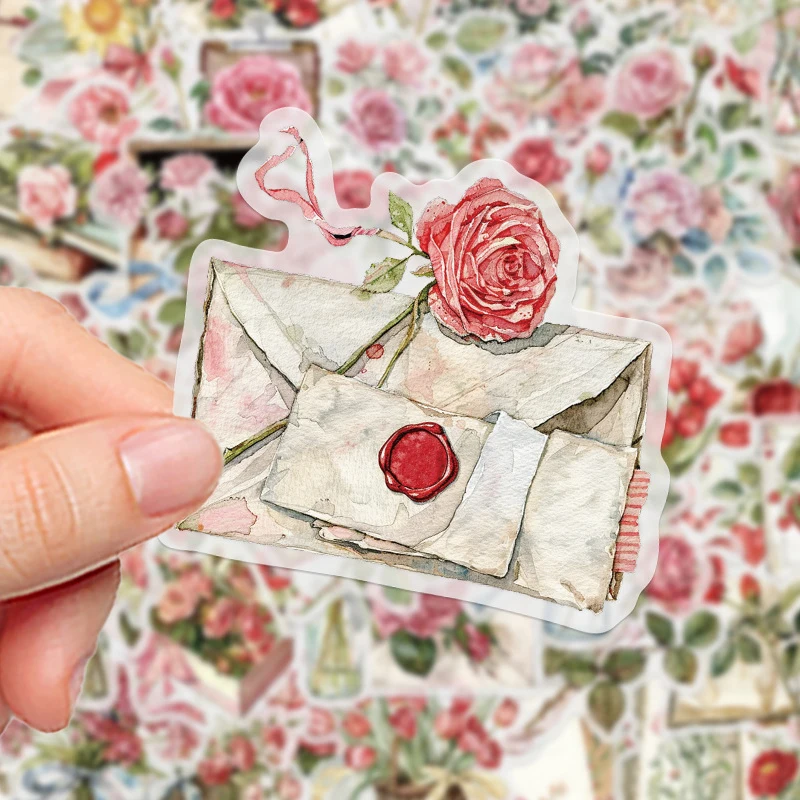 50PCS Watercolor Book Flower Stickers Aesthetic Literary Art Decals for Envelope Sealing Diary Scrapbook DIY Craft Supplies