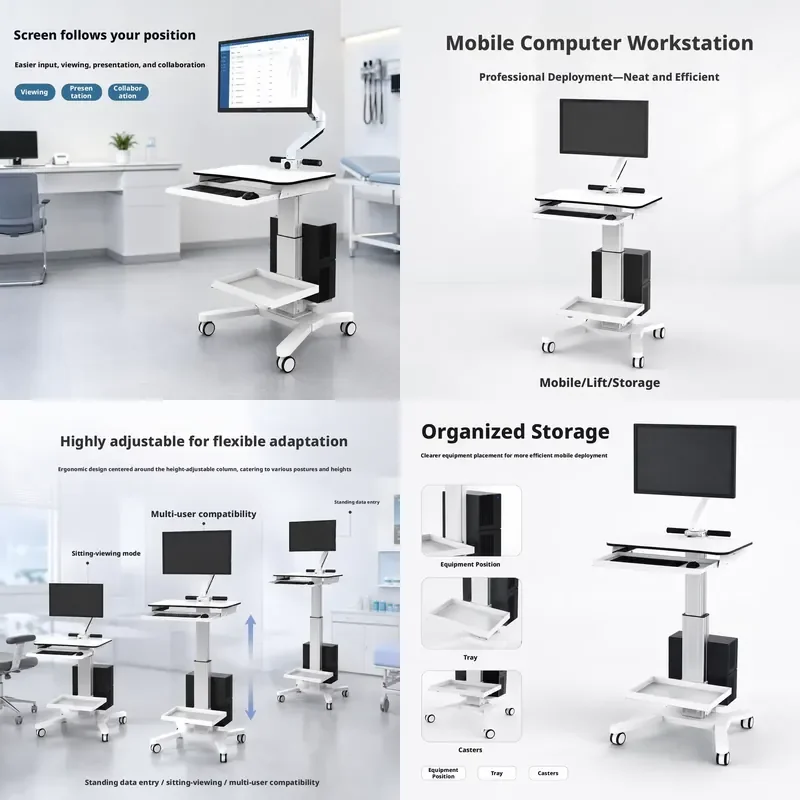 Stable Rolling Single Screen Medical Computer Trolley Mobile Workstation Cart for Ward Outpatient Workplace