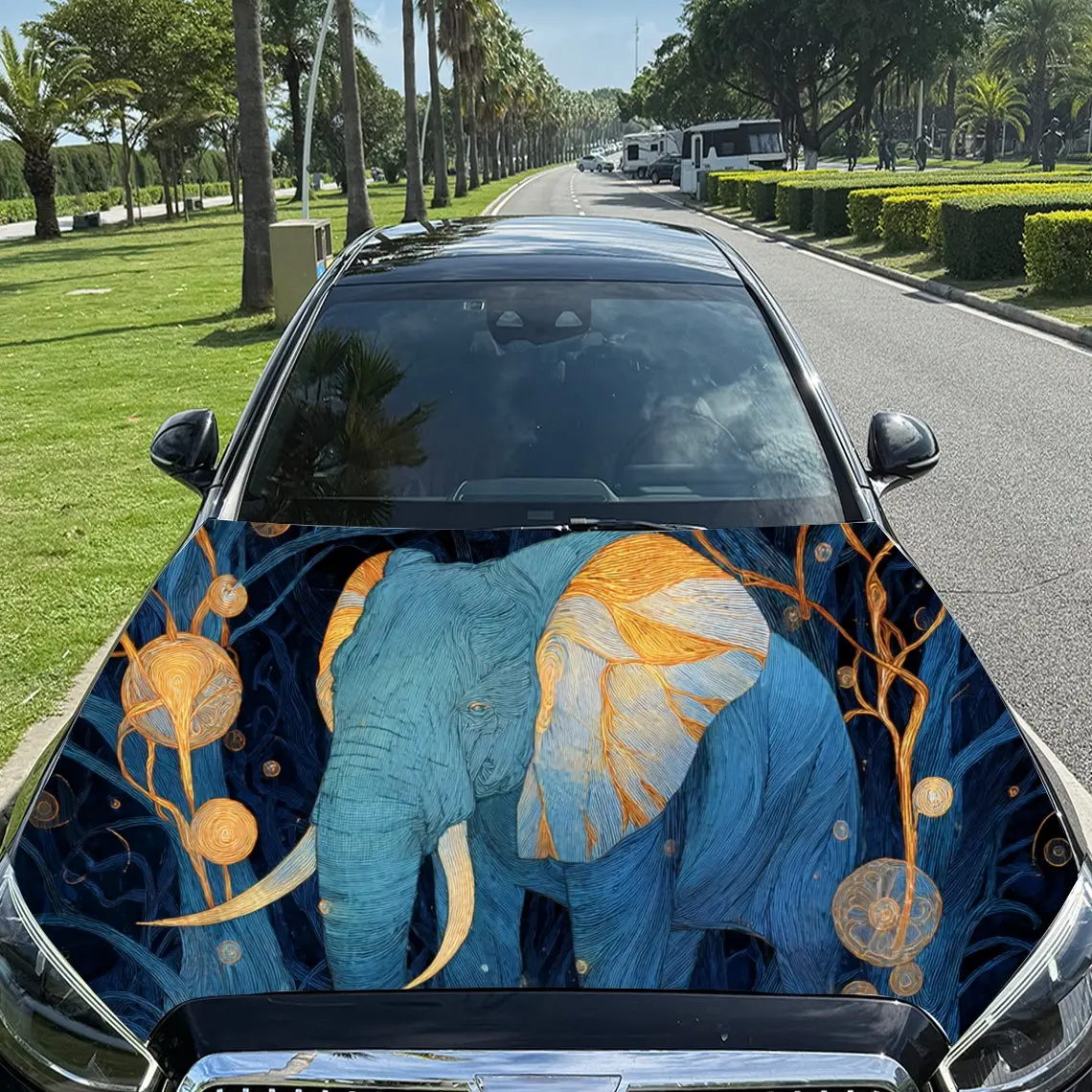 Artistic Elephant with Starry Motif PVC Car Engine Hood Vinyl Wraps, Self-Adhesive Waterproof Car Hood Decal Sticker, Car Decora