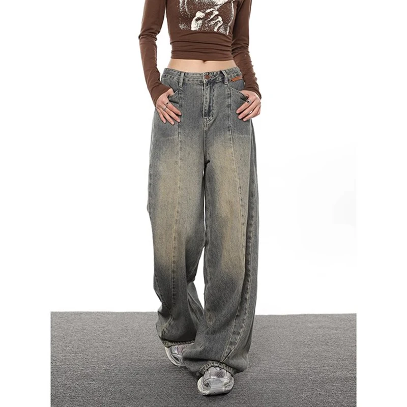 

WCFCX STUDIO Vintage Washed Distressed Baggy Jeans Women 2023 American Style Wide Leg Denim Trousers Woman Loose Straight Pants