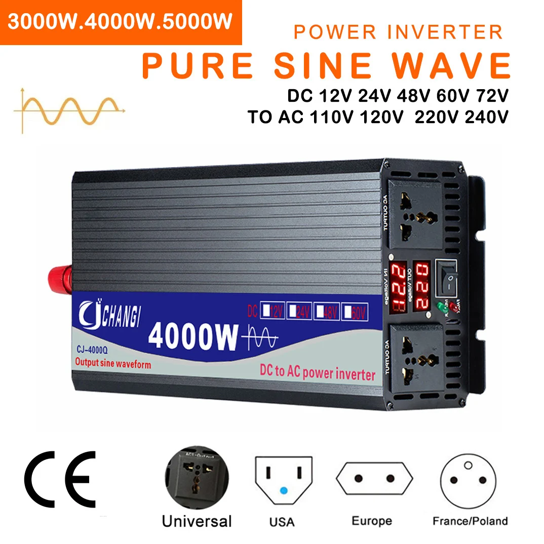 Pure Sine Wave Inverter DC 12V 24V 48V 60V 72V to AC 110V 220V 3000W 4000W 5000W Power Solar Car Inverters Doule Digital Display