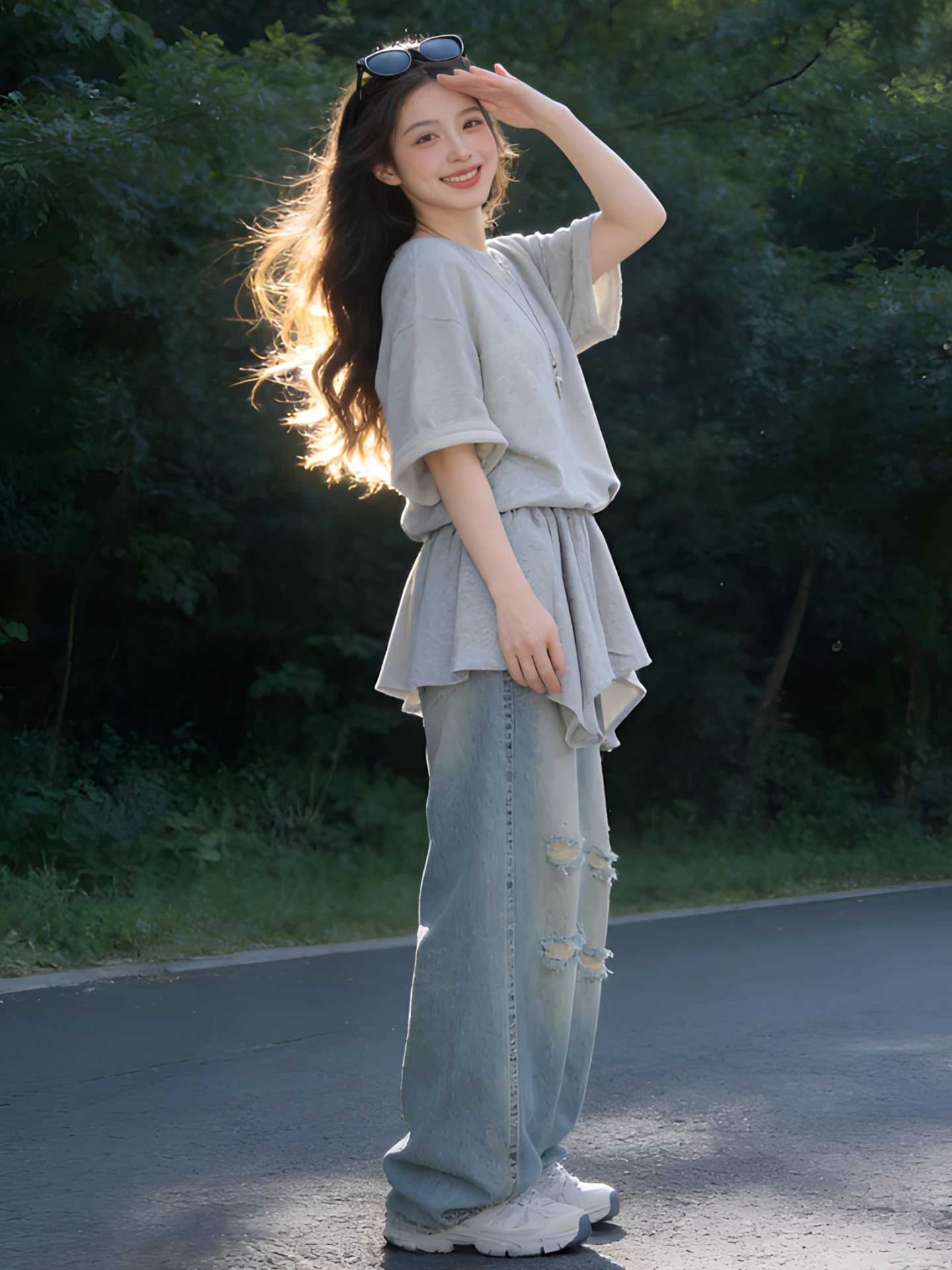 

Slimming Casual round Neck Splice Waist T-Shirt Women's Loose Summer Fashion Versatile Midi Skirt Hem T-Shirt Korean Style Co...