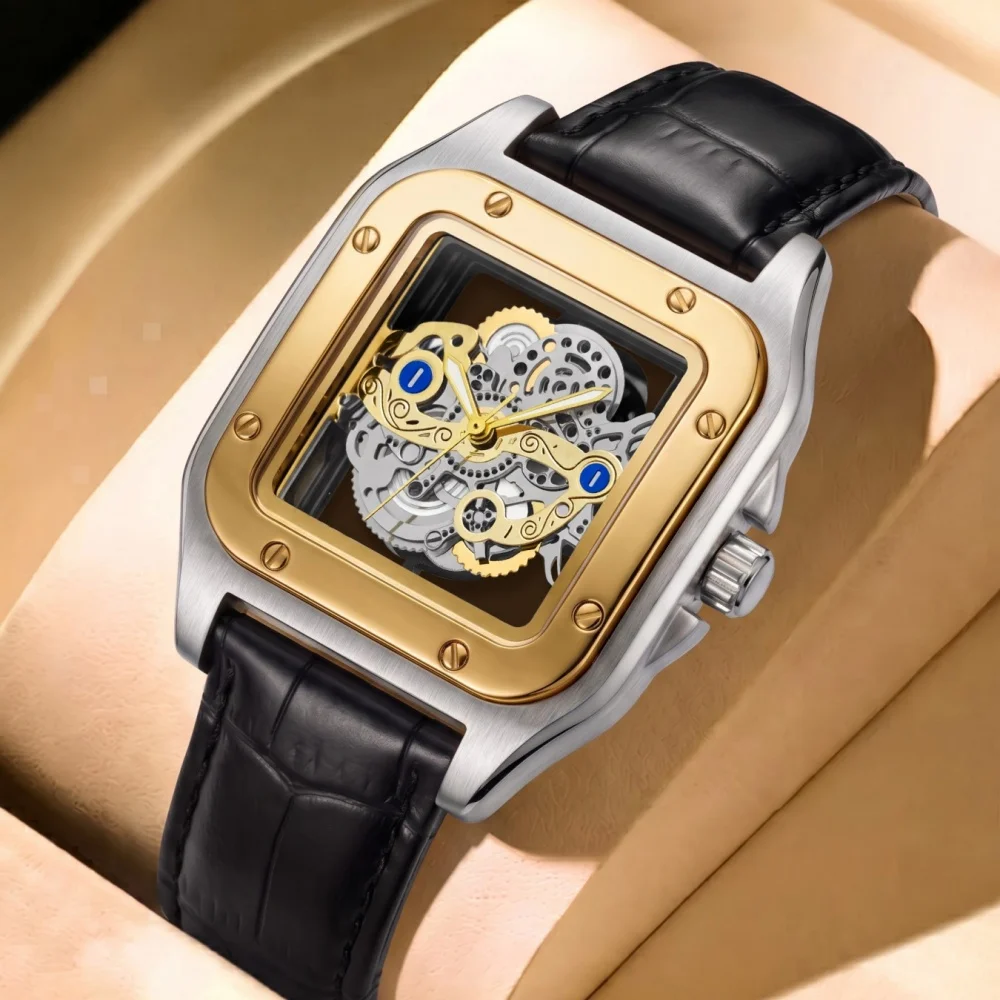 Light Luxury Square-Shaped Men's Quartz Watch, Fully Hollowed-Out Transparent Dial, Durable Leather Strap, Simple and Elegant Men's Watch, Waterproof, Suitable for Business and Casual Wear, Trendy and Unique Men's Fash