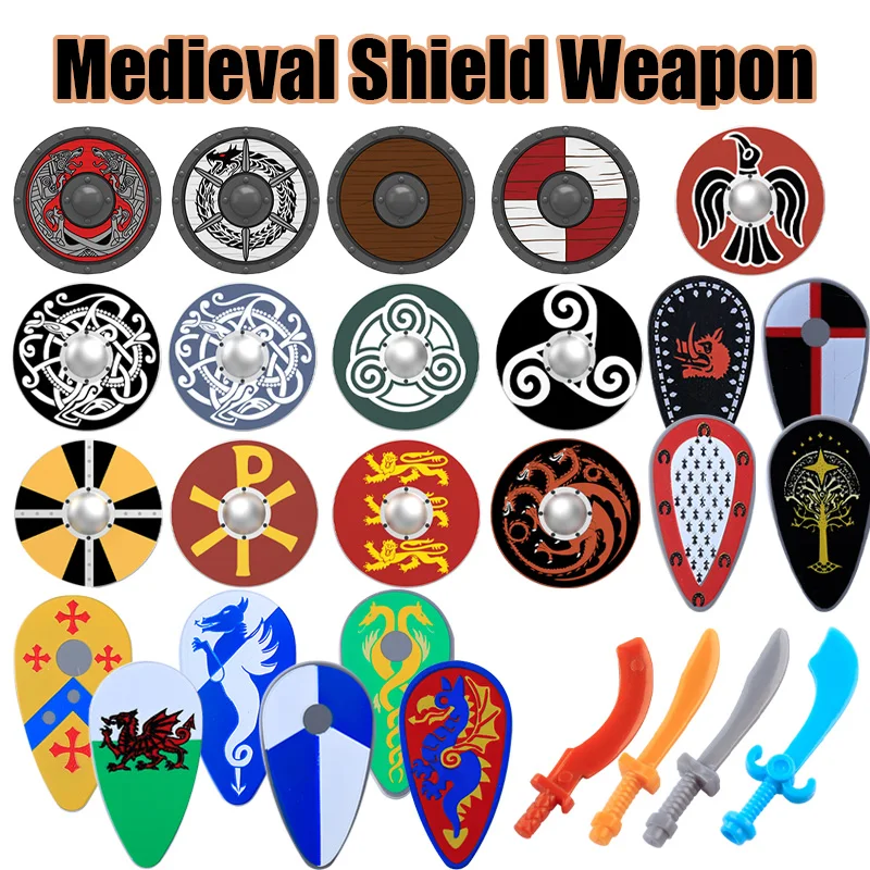 Mittelalterliche Burg Ritter Wikinger Runde Schild Waffe Krieg Szene Militär Zubehör Bausteine Soldat Figur Ziegel Spielzeug Geschenke