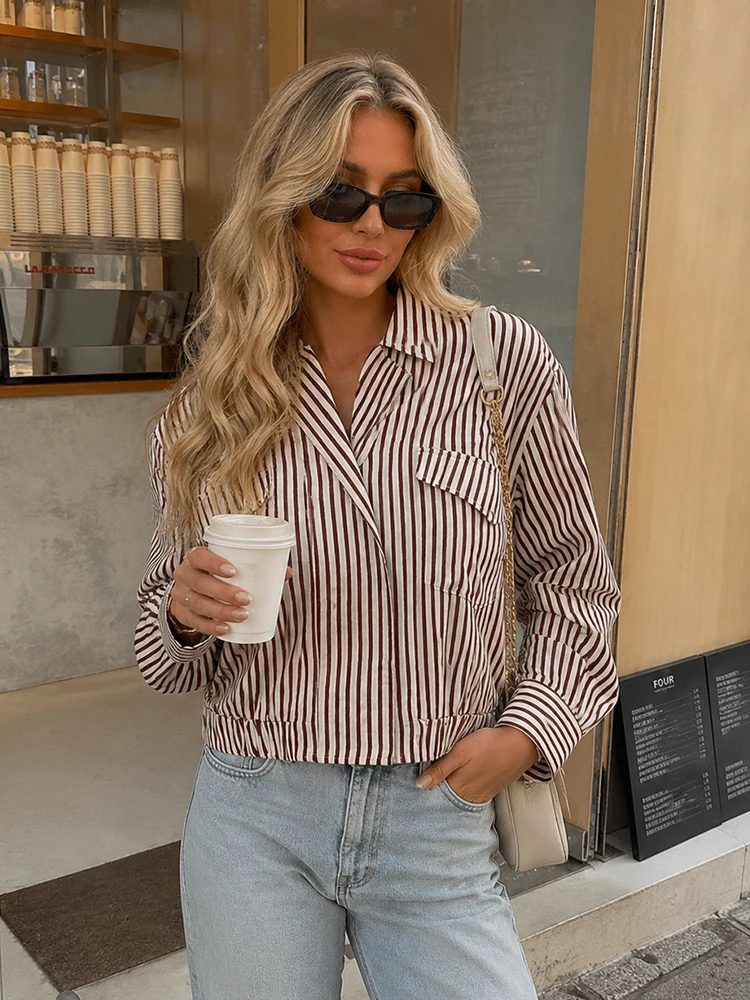 HH Women Chic Relaxed Fit Striped Shirt Jacket Spring Elastic Gathered Hem Cuffed Cuffs Cropped Outerwear For Business Daily