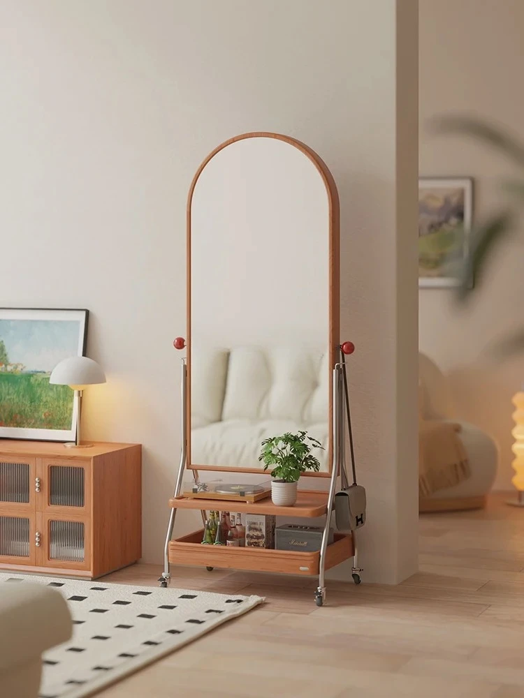

Solid Wood Full-Length Mirror Magazine Rack Removable Cherrywood Storage Rack