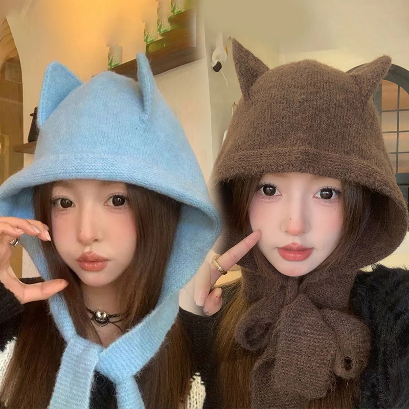 Korean Solid Color Wool Fluffy Cat Ear Knitted Hat Autumn Winter Thickened Warm Hats Fashion Protection Ear Neck Protection Cap