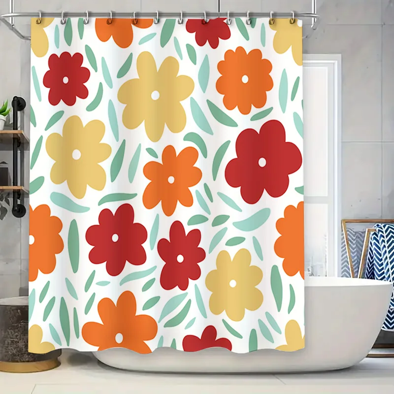 

Занавеска для душа с цветочным принтом, белый фон с красными, желтыми и оранжевыми цветами, водонепроницаемая ткань для декора ванной комнаты