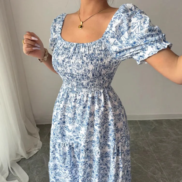 Summer Elegant Casual Style Sketch Print Square Neck Loose Long Puff Sleeve Dress For Women Robe Y2k、 Femme Luxury
