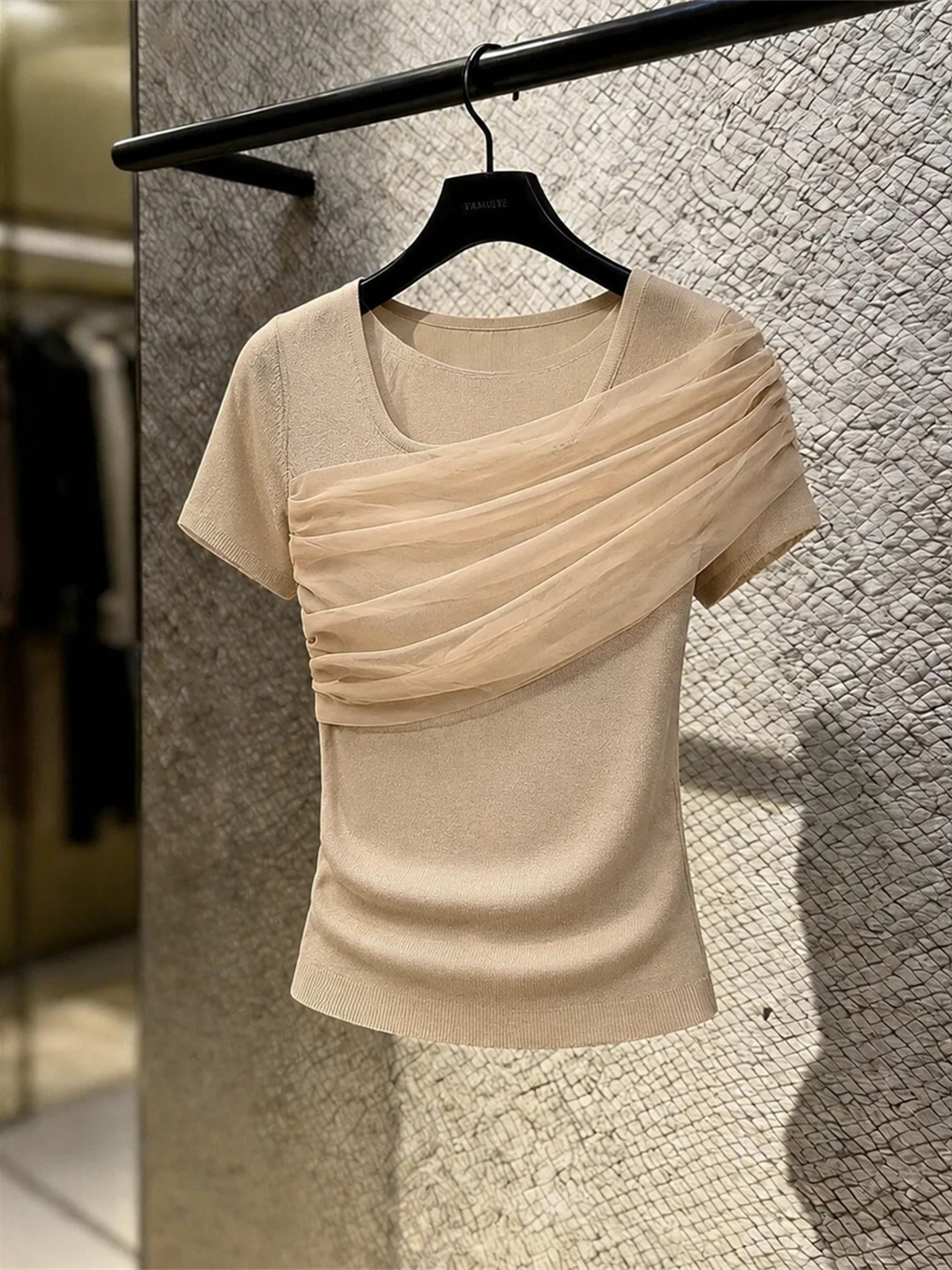 

Summer 2026 Women's round Neck Short Sleeve T-Shirt Patchwork Mesh Splice Comfortable Skin-friendly Korean Style Straight Cut