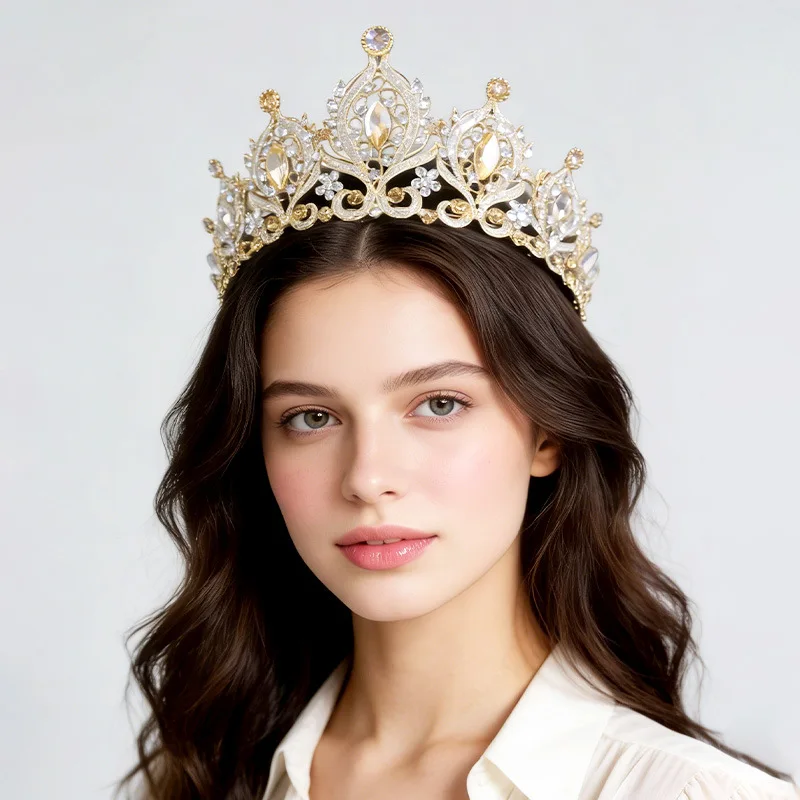 Zinc Alloy Rhinestone Baroque Crown Red Bridal Hair Accessory Wedding Toast Dress Headpiece for Women Party Hair Decor