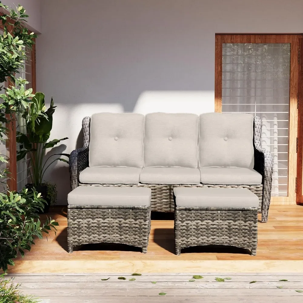 Terrace Conversation Set - 3 Piece Wicker Patio Set, 3 Seat Sofa & 2 Ottoman, Outdoor Wicker Terrace Furniture, Cushions