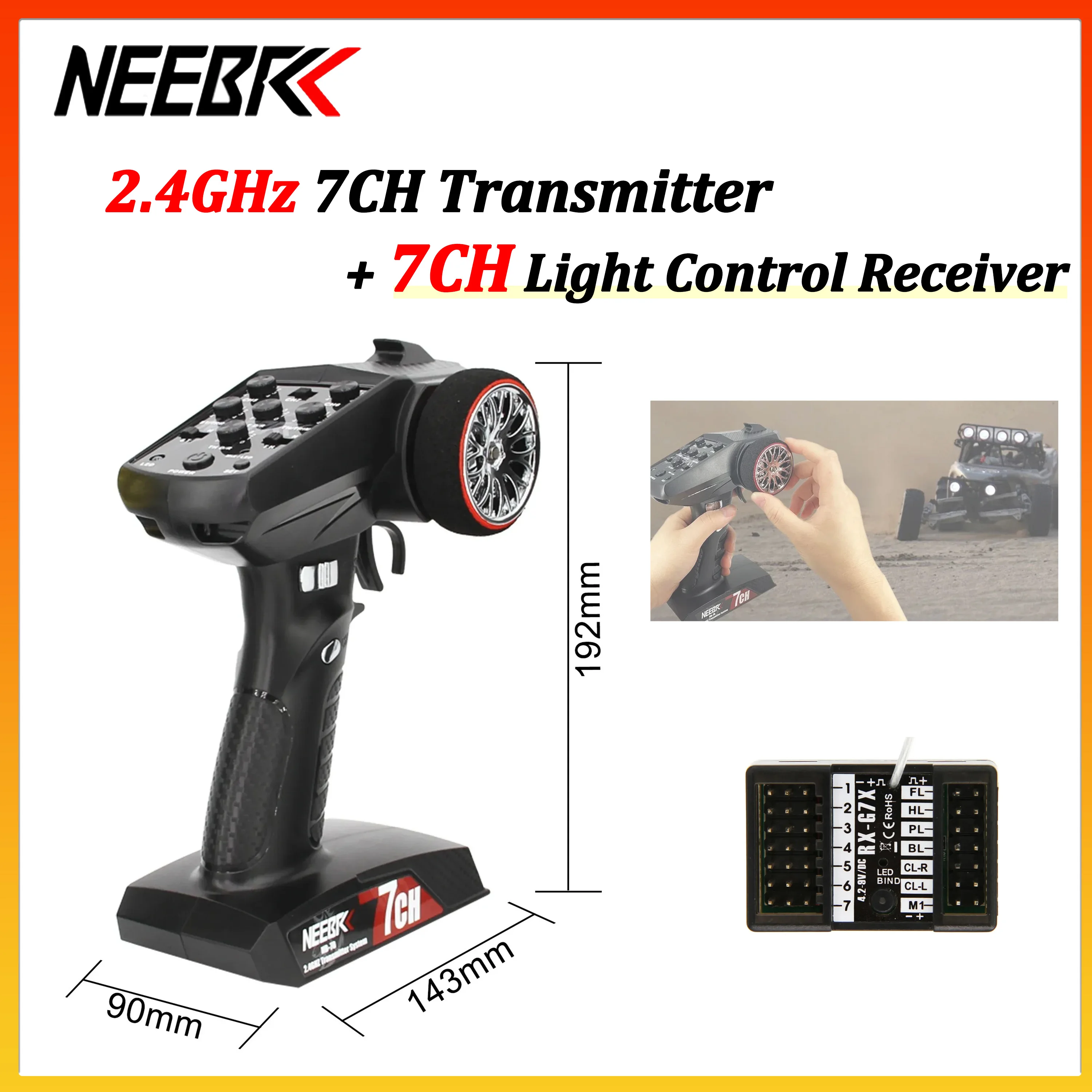 NEEBRC 2.4GHz 7CH Transmitter NB-7D 7 Channel W/ Light Control Receiver Set Remote Controller for RC Car Crawler Tank Boat Model