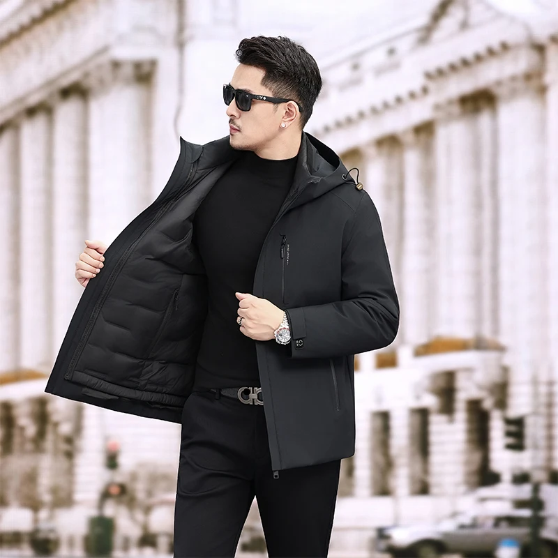 Ture 90% White Goose Duck Windbreaker Men 2025 Winter Classic Wind-proof Hooded Jacket Thick Detachment Outdoor Warm Zipper Coat