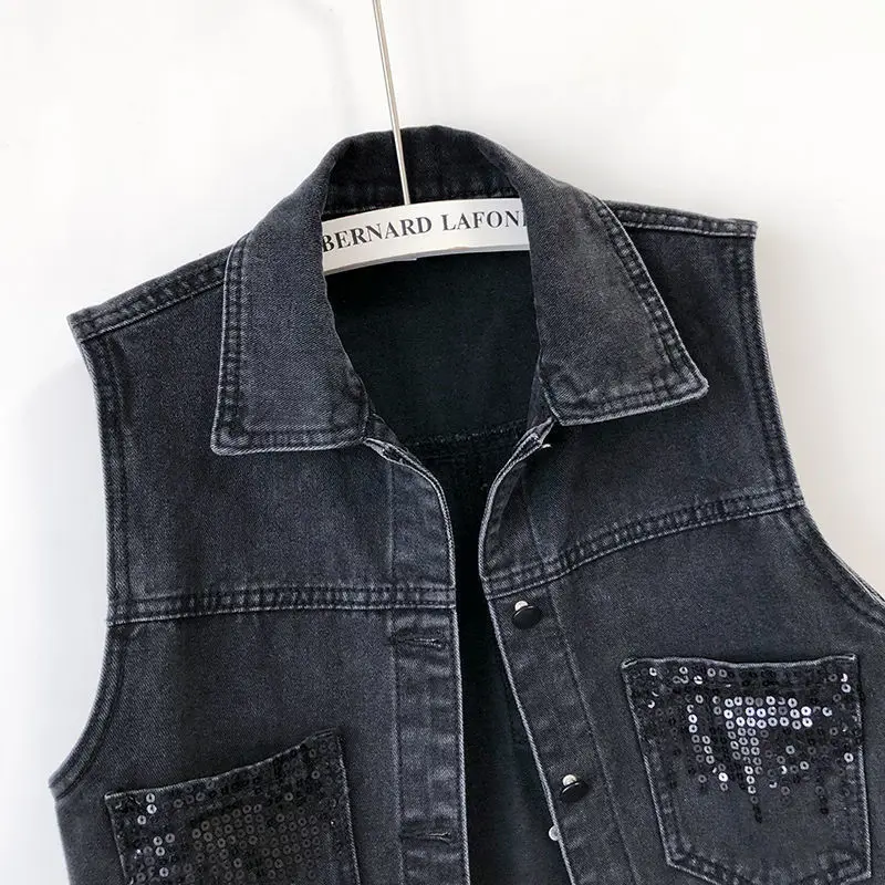 Fashion Sequined Large Size Denim Women's Vest Jacket Korean Version Sister Spring Autumn Short Waistcoat Buttons Pockets Top