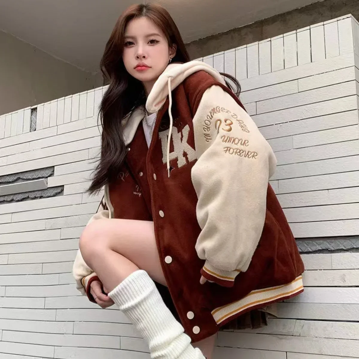 Americký styl ok písmeno retro baseballová uniforma bunda muži a ženy značka tide pár evropský a americký styl bunda s kapucí - náhled 5