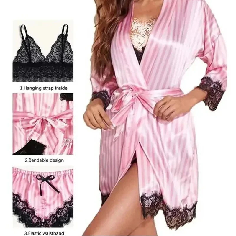 Women's Fashion Pajama Print Sexy Lace Trim Faux Silk Satin Pajama Set Gown Skin Friendly Comfort Loungewear Sexy Pajamas - Image 3