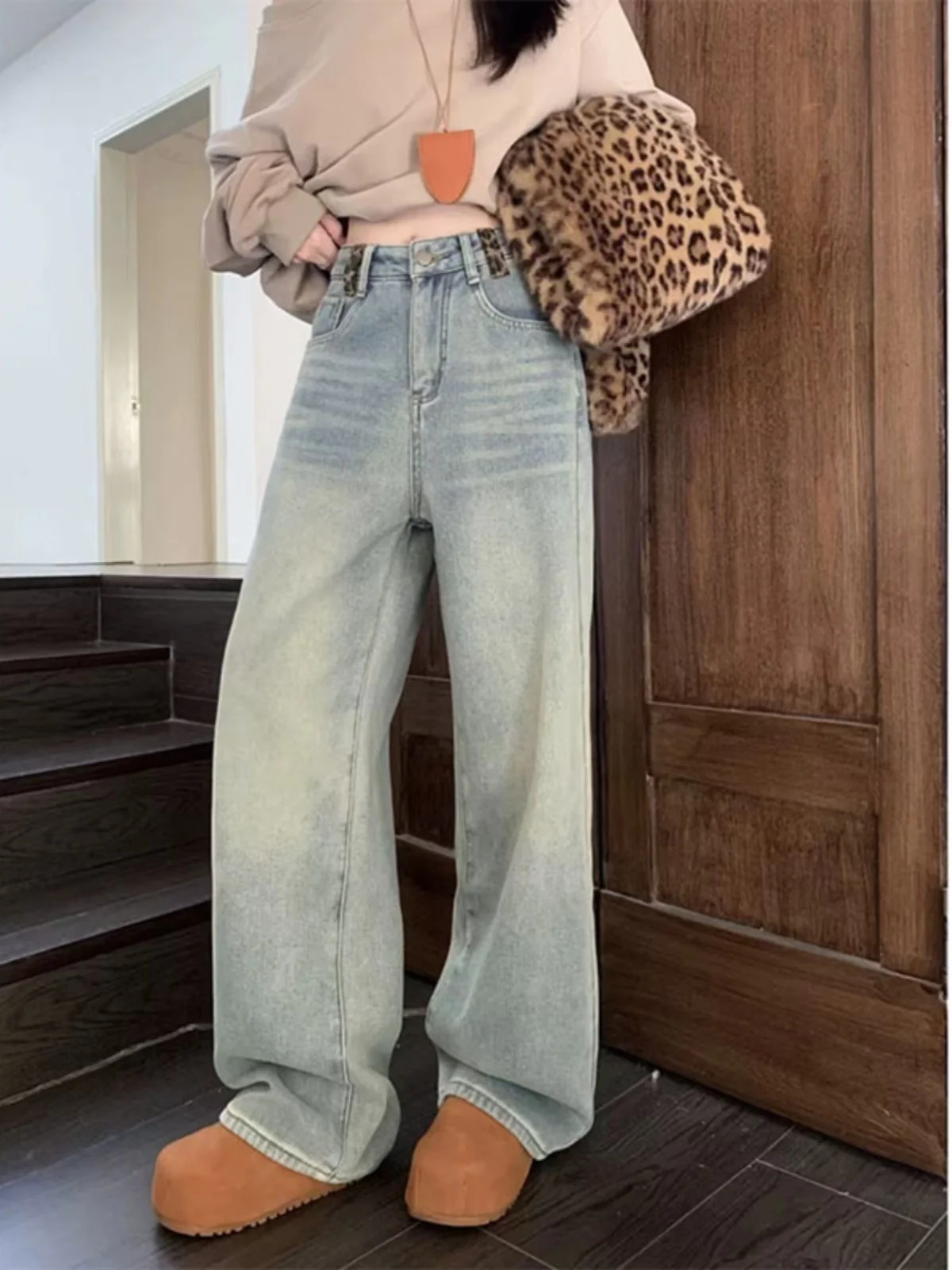 

High Waist Fleece Lined Leopard Print Wide Leg Straight Jeans Women's Autumn Winter Long Trousers Slimming Floor Length