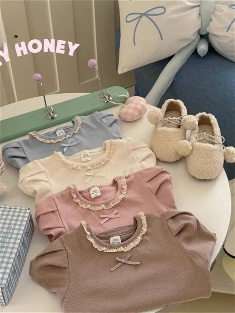 

Корейская футболка с длинным рукавом и воротником-рюшами для девочек, весна-осень, новая модная универсальная базовая футболка