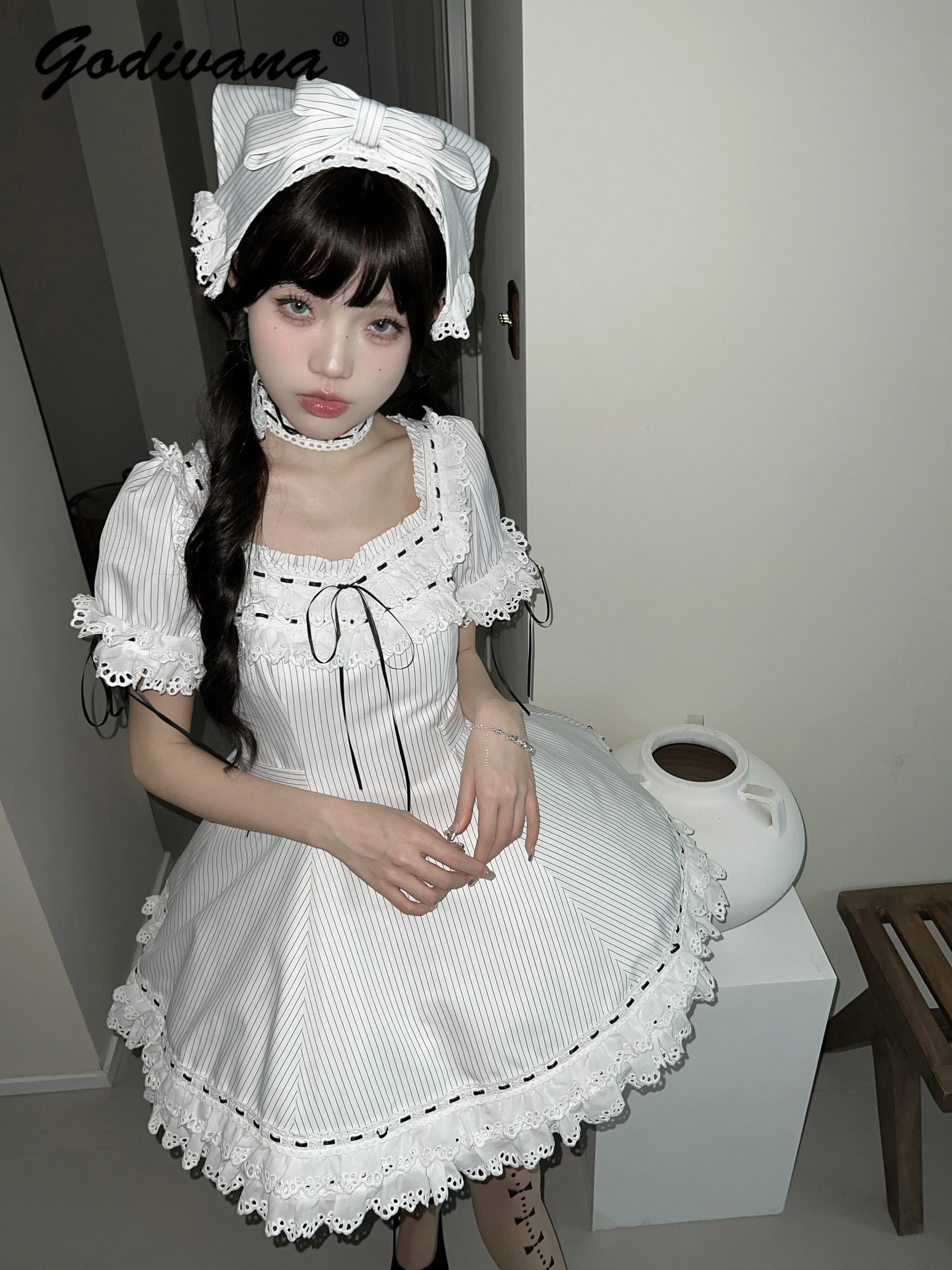 

Original New Autumn Lolita Square Neck Short Sleeve Slim Short OP Dress Women's Lace Patchwork Slim Stripes Dresses