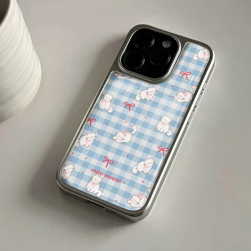 Ins süße miauen-Hydrogel-Rückplatte, silberner Rand, stoßfeste Handyhülle für iPhone 17, 16, 15, 14 Pro Max