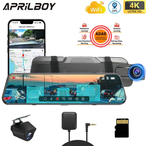 Aprilboy-Caméra de tableau de bord de voiture 4K, conduite intelligente intégrée, ADAS et BSD, capteur G WiFi avec contrôle de distance, vision nocturne, moniteur de stationnement 24 heures