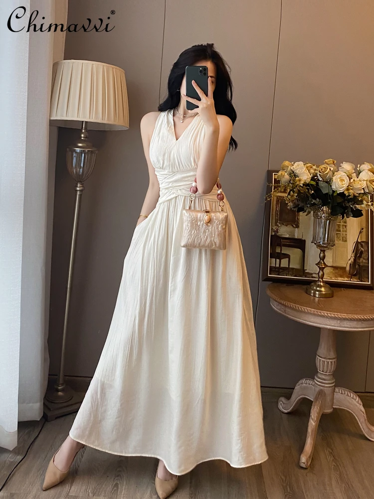 

French Elegant Retro Sleeveless Off-shoulder Halter Evening Dress Sexy V-Neck High Waist A-line Temperament Long Dress For Women