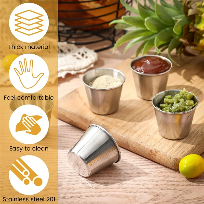 Wielorazowe miski ze stali nierdzewnej o pojemności 1,5 uncji, 24 szt. Metalowe kubeczki do sosów, miseczki na przyprawy, okrągłe pojemniki-AS97