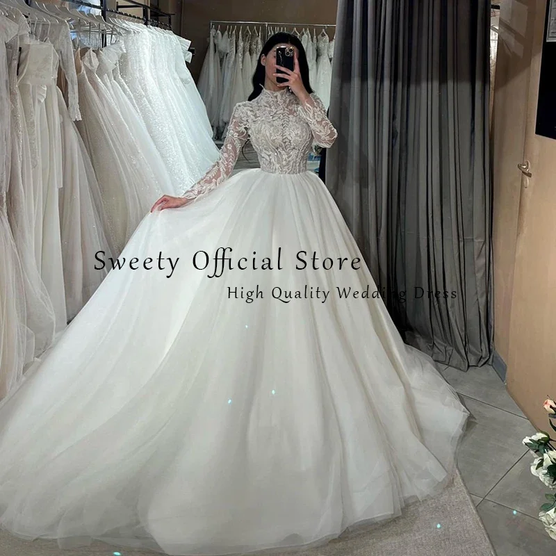 Elegante vestido de casamento de gola alta bordado renda na rede com linha a vestido de baile manga cheia botão de noiva robe de mariee personalizado