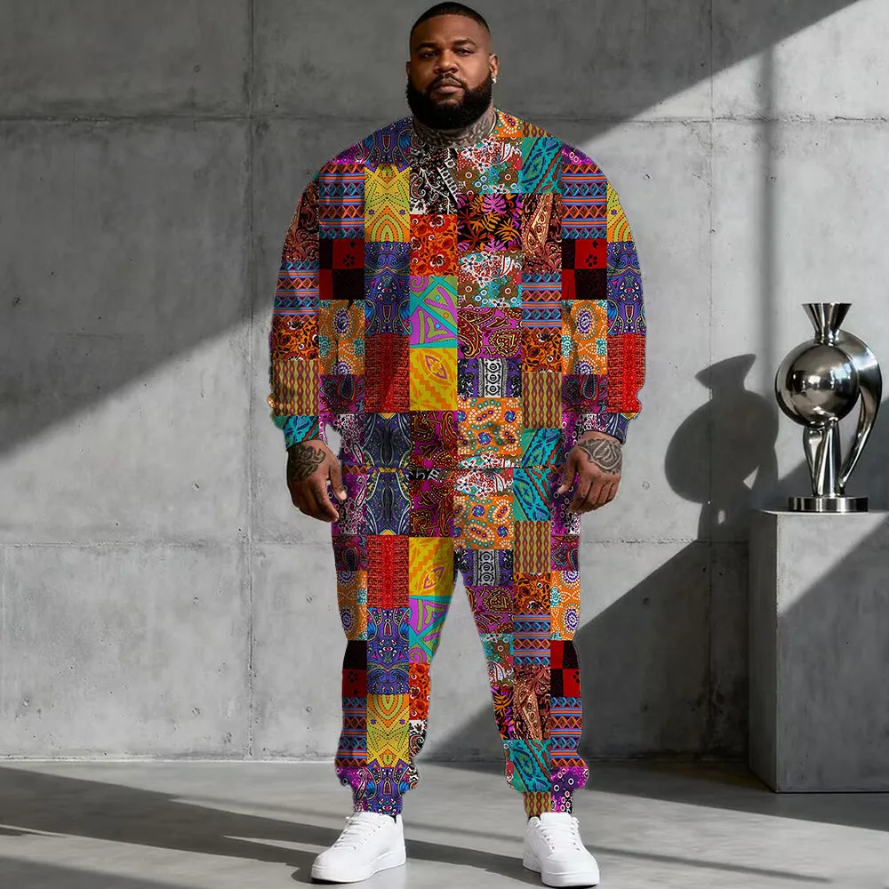 

S-9xl plus size Big & Tall Hoodie Set with Ethnic Vibe - 2-Piece Trendy-Folk, Breathable Material, Retro Tribal Designs