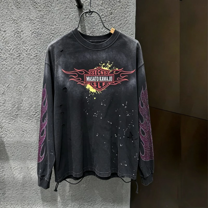 Purple  Hotfix Rhinestone Flame Balck SECND Tshirts Men Women Splashed Ink Distressed Washed Worn Breaks Long Sleeves Outfit