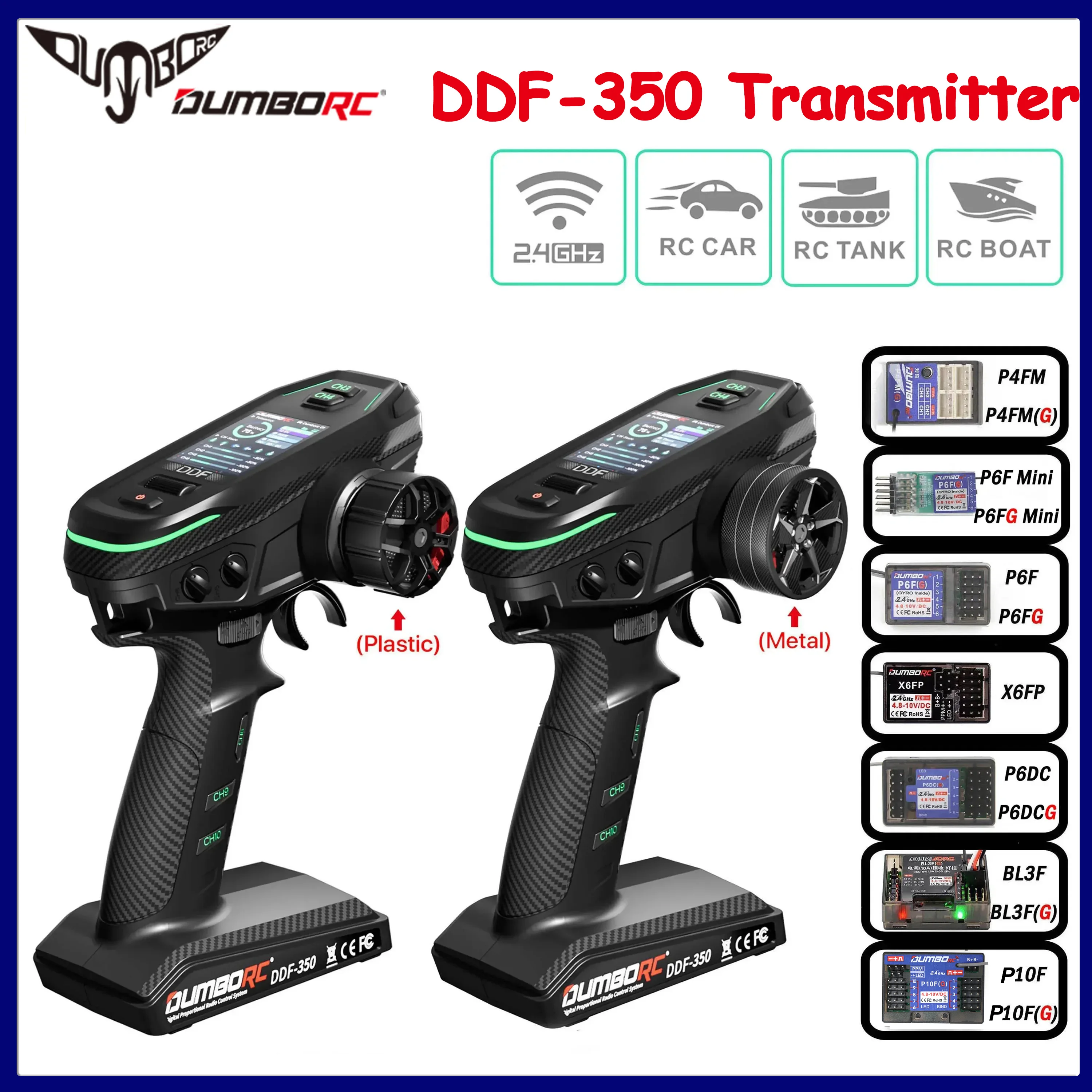 DUMBORC DDF-350 10CH 2.4G Remote Controller 10 Channel Transmitter&Receiver HD Screen 4/6/10Channel Gyro for RC Car Tank Boat