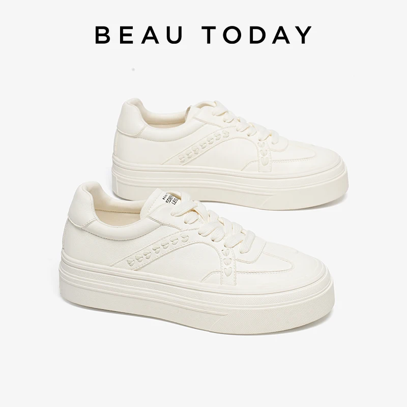 BEAUTODAY White Sneakers Women Cow Leather Lace-up Round Toe  Platform Ladies Trainning Shoes Handmade 29796