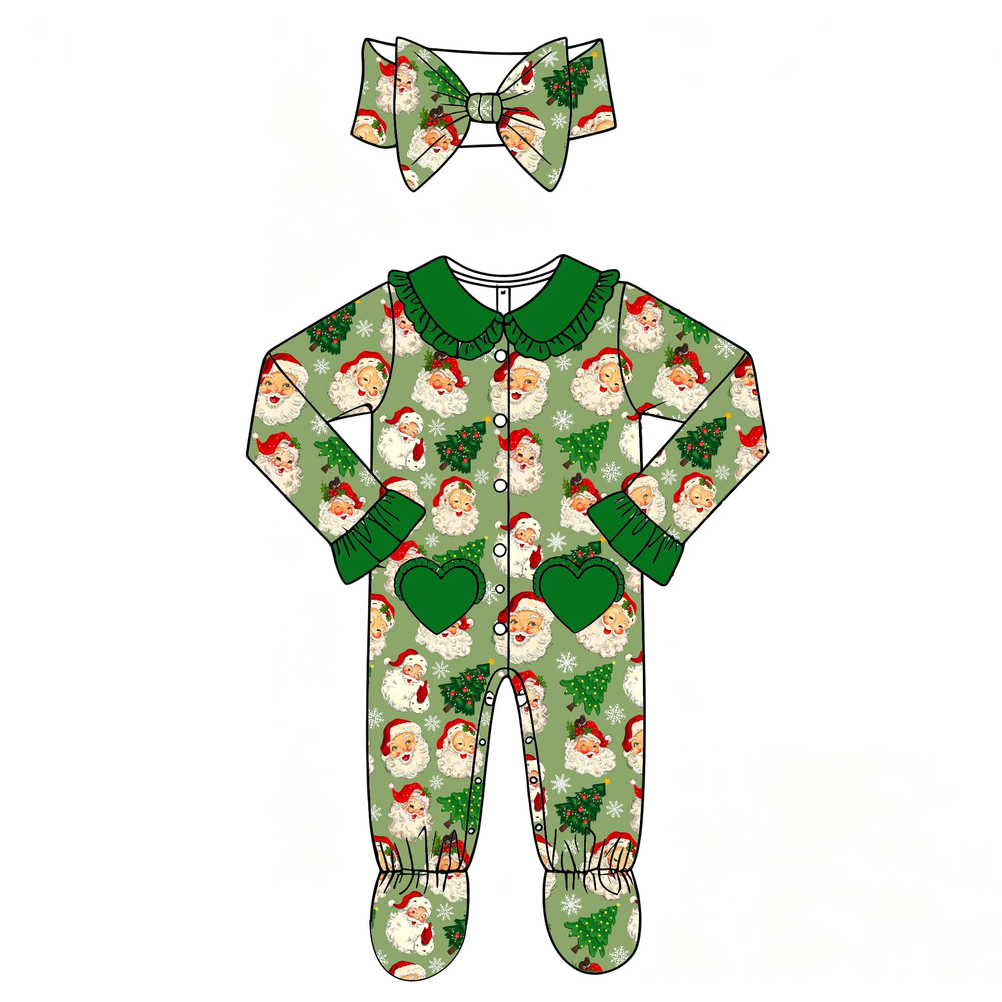 Boutique Collared Ruffled Jumpsuit Long Style Love Pocket Baby Headwear Santa Claus Print Wholesale