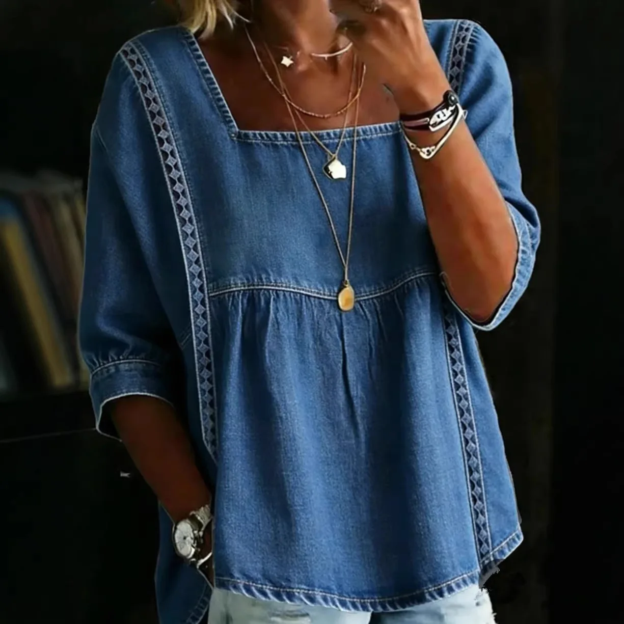 Women Denim Blouse Square Neck Casual Loose Tops Vintage Short Sleeve Peplum Shirt Elegant Summer Female Clothing
