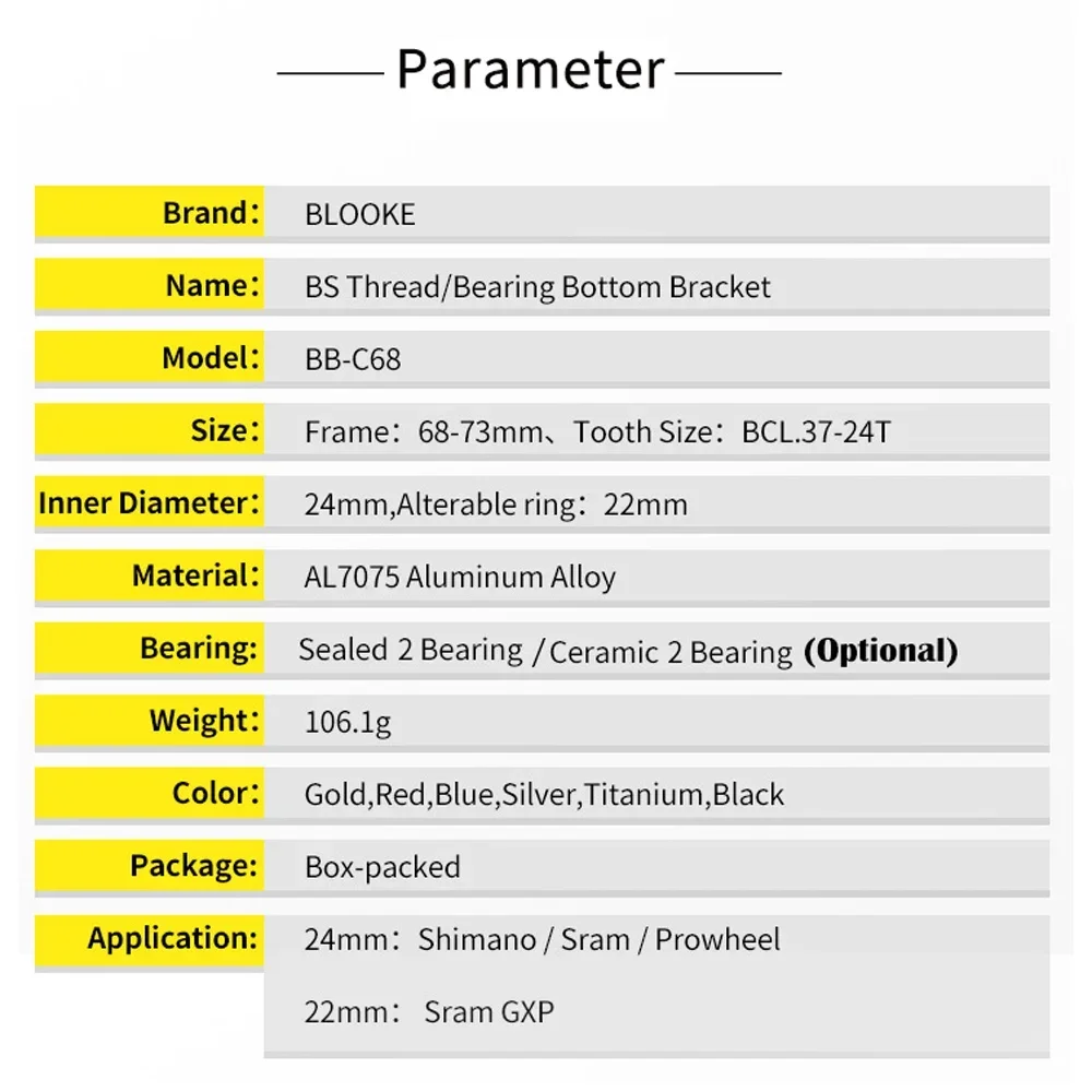 Bicycle Thread Kit for SRAM Prowheel Crank,Road and Mountain Bike,BB Kit,Seal and Ceramic Bearing,Bottom Bracket,24mm,22mm