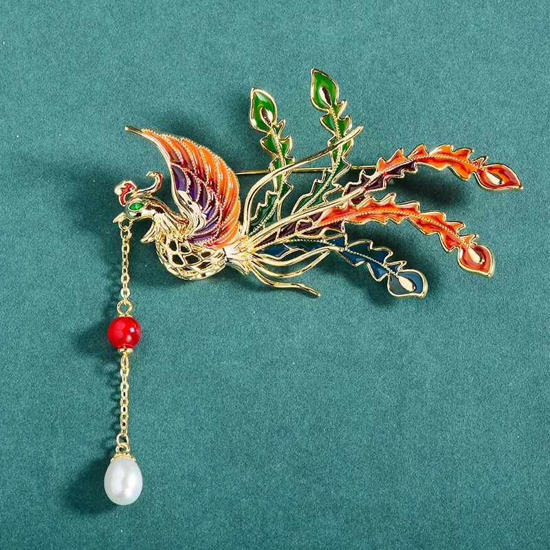 1/2Pcs Fashion Enamel Drop Oil Phoenix  Brooch for Women Pearl Tassels Trendy Brooch Coat Dress Lapel Pins Wedding Party Gifts