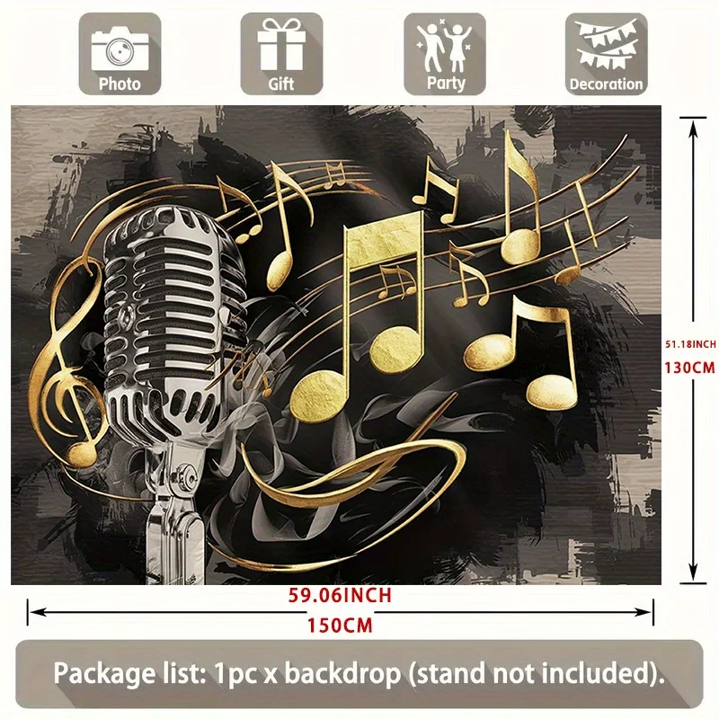 Vintage Microphone Music Notes Backdrop Tapestry Polyester Decor for Party Photo Shoot Studio Stage Background Concert Decor Gif