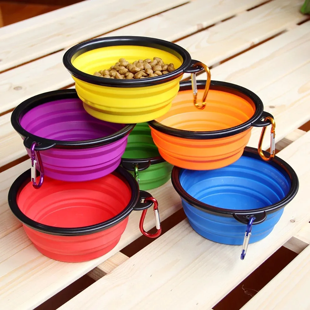 Dogs Feed Supplies Folding Silicone Bowl Portable Puppy Water Container with Carabiner Folding Cats Bowl Travel Pets Accessories